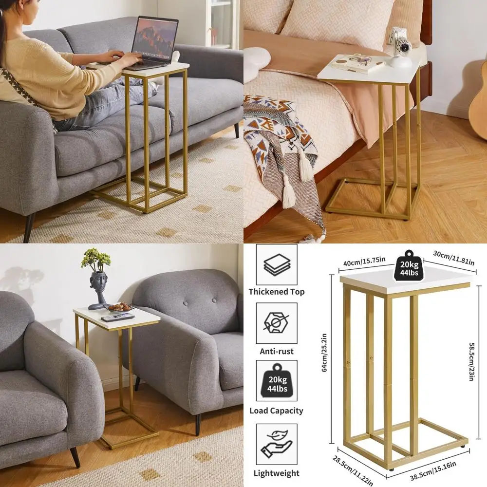

White & Gold C-Shaped Side Table, 16x12x25 inches, Compact Stand for Living Room & Bedroom, Small Bedside Table YD-TM051WG-2