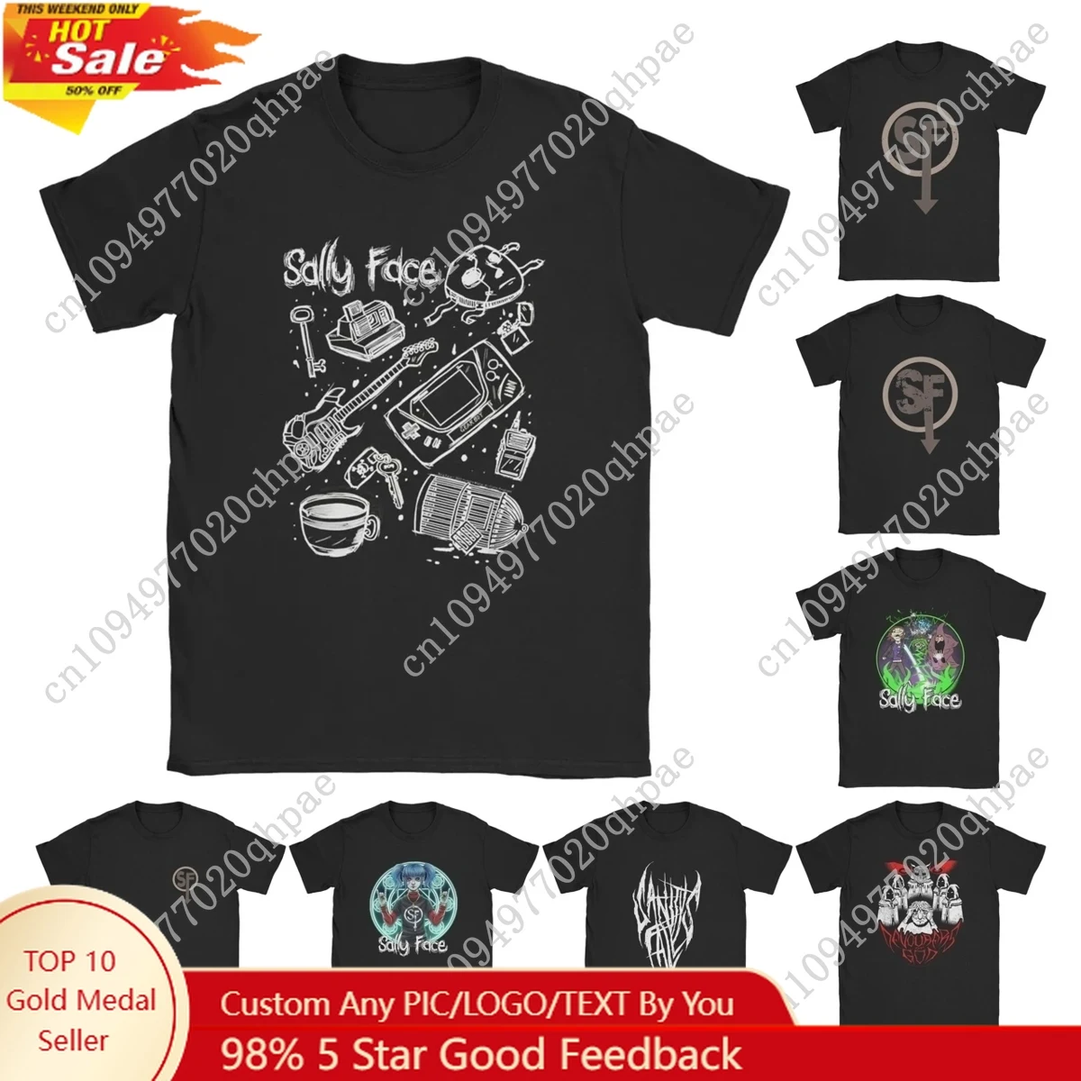 

Sally Face Icon Doodle Graphic Sketch T-Shirt Men Anime Gothic Game Vintage Pure Cotton Tee Round Neck Short Sleeve T Shirt