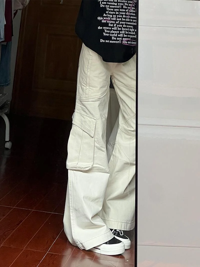 Retro Washed White Multi-Pocket Work Pants Women's Casual Long Pants High Waist Straight Leg Autumn New Style Design Sense