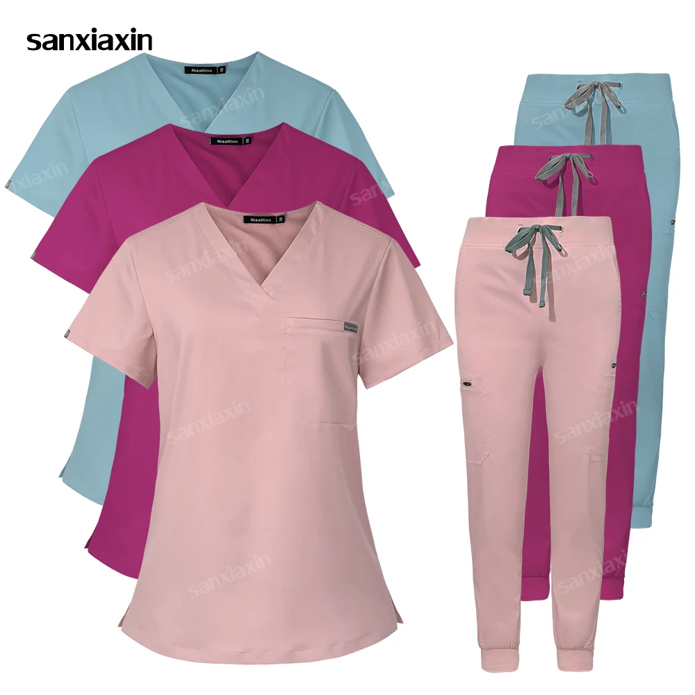 

High Scrubs Medical Uniforms Women Scrub Top Pants Joggers Suit Hospital Nurse Accessories Dental Clinic Workwear Beauty Clohtes