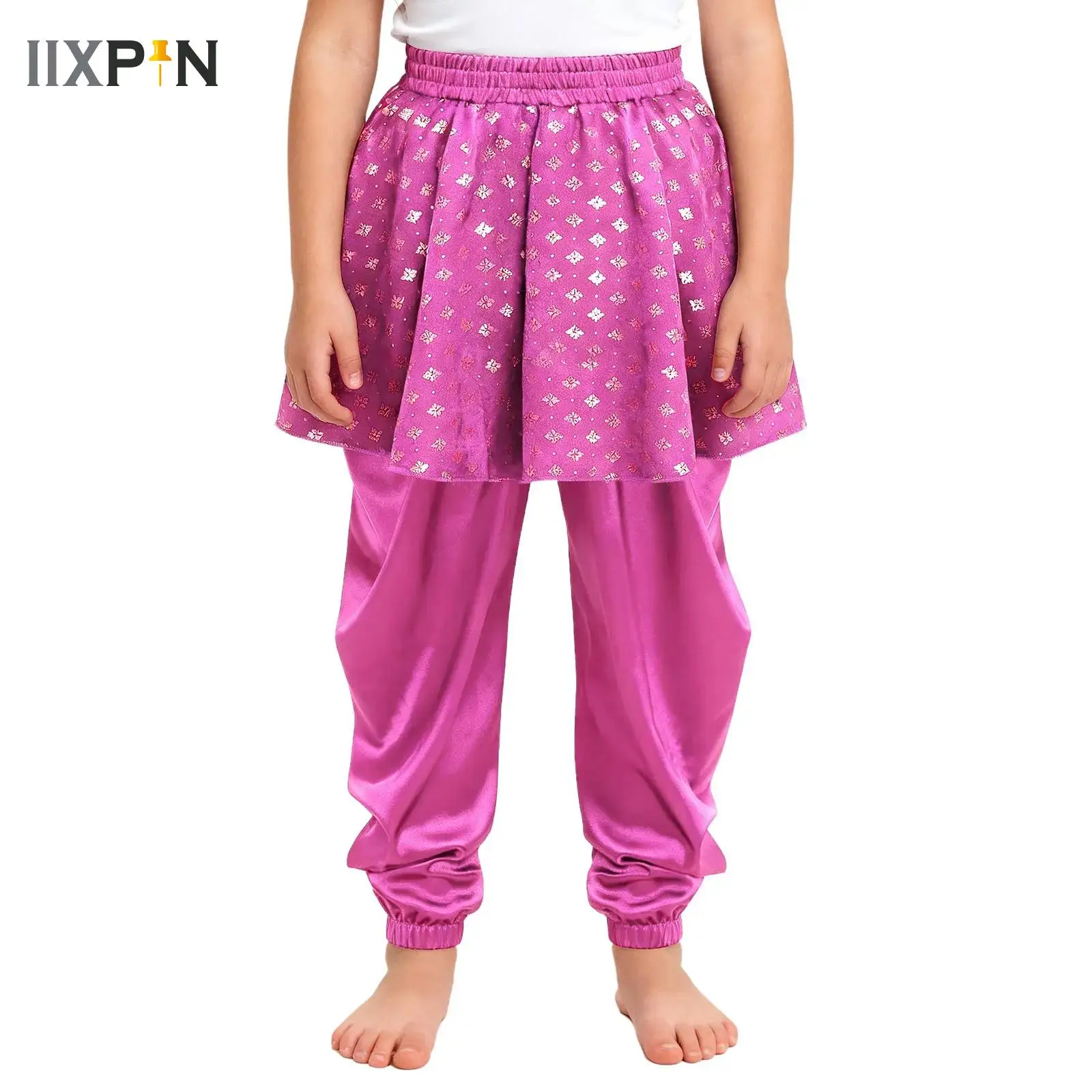 

Kid Girls Dhoti Harem Pants Children Metallic Floral Split Peplum Pants Belly Dance Costume India Arabic Dance Tribal Wavy Pants