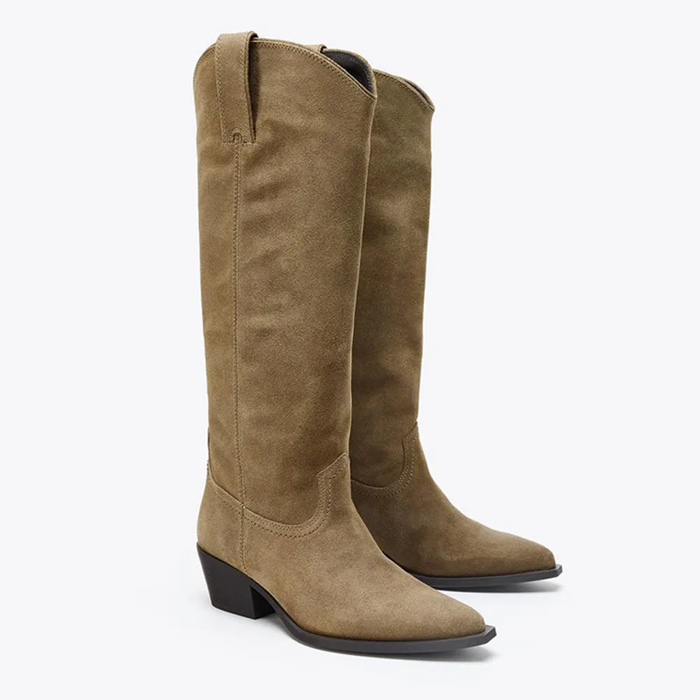 

FWRD Women's Khaki Suede Pointed-Toe Riding Knee-High Boots, Retro Block Heel, Soft Inner Lining for Autumn Winter #FWRD000380