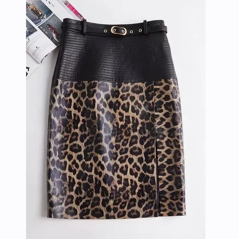

Women Genuine Leather Skirt 60cm Knee-Length Feminino Slim Leopard Pattern Split Wrapped Jupe Mujer Mid Length Striped Belt