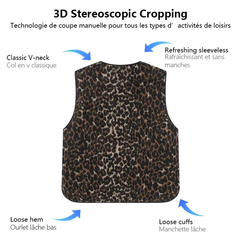 Gilet matelassé réversible pour femmes, imprimé léopard, col en V, simple boutonnage, poche, pour les déplacements quotidiens, superpositions et chaleur