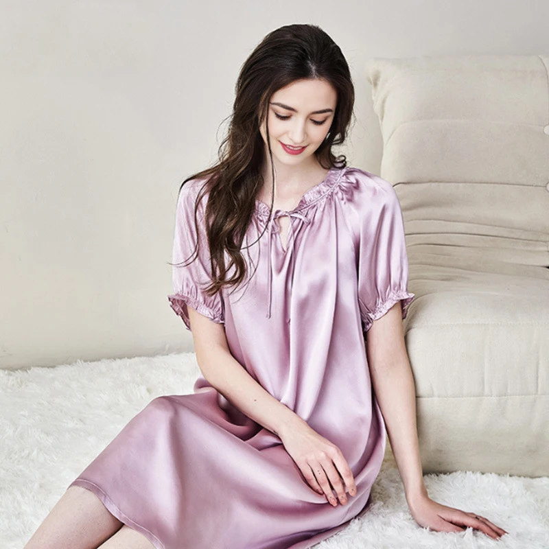 Summer 100% Mulberry Silk Nightgown Solid Color Short Sleeve Sleepwear Women Loose Lounge Dress Pure Silk Pajamas