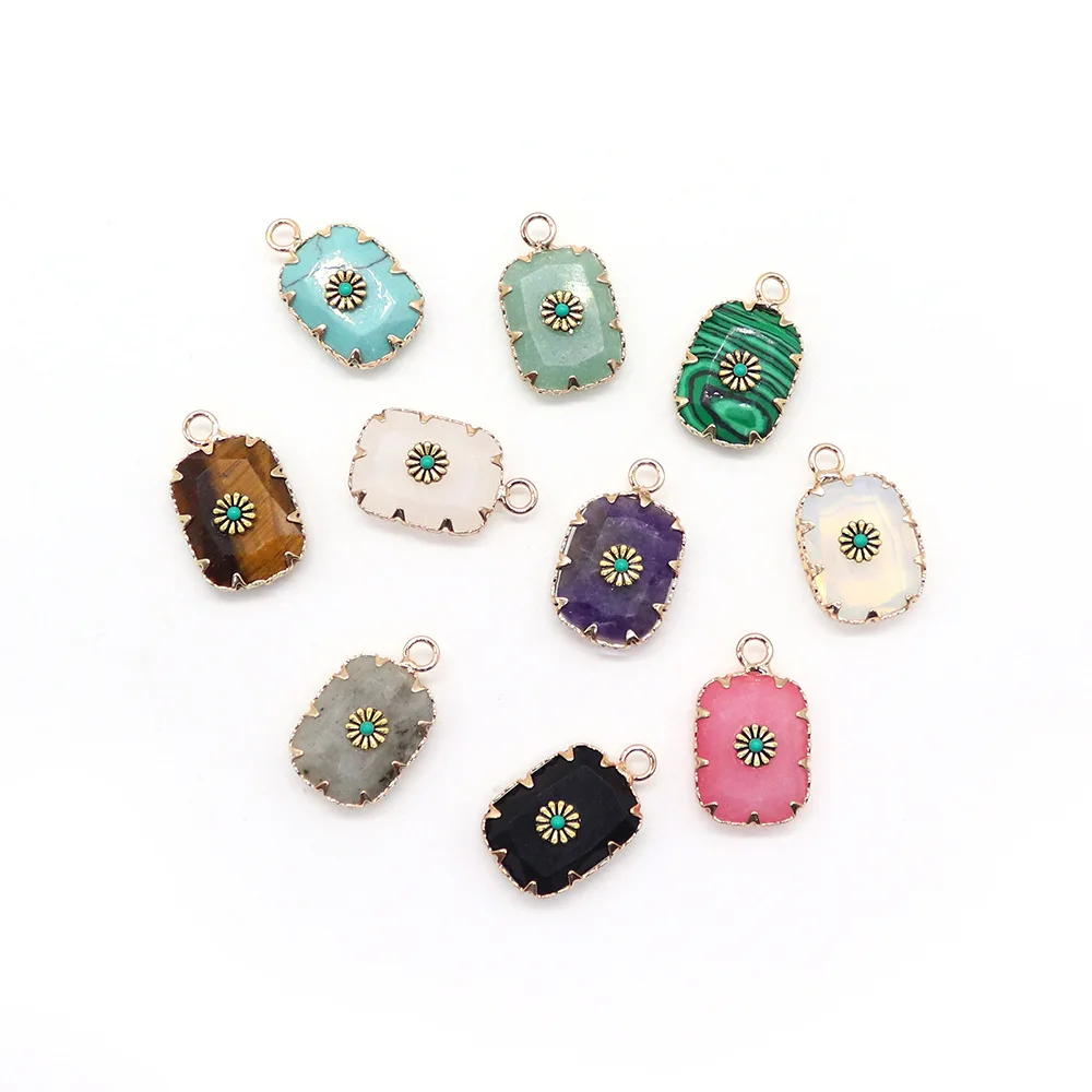 Natural stone crystal rectangular pendant sunflower patch tiger eye quartz stone electroplated charms diy necklace earrings