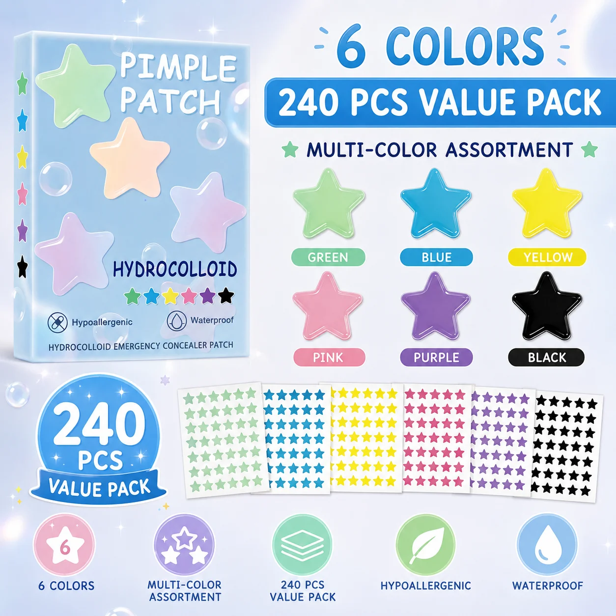 240PCS Star Pimple Patches For Face Hydrocolloid, Absorbing Cover, Tea Tree, Hydrocolloid Acne Patch, Cute Star Pimple Patch