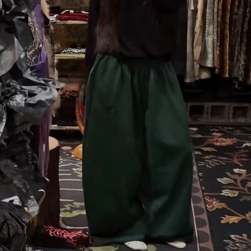 Deeptown Green Embroidery Wide Leg Women Dance Pants Gray American Vintage Oversized Straight Trousers Basic Casual Hip Hop