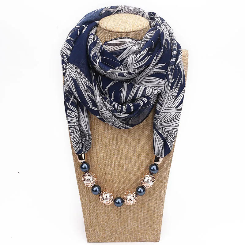 Beaded Pendant Scarf Print Chiffon Neck Warmer Fashion Outdoor Travel Shawl Infinity Wrap for Women Ladies Unisex​
