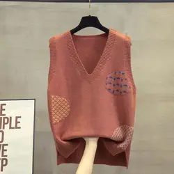 All-match Autumn Winter Geometric Contrast Color Sleeveless V-Neck Women's Clothing Pullover Sweater Knitted Casual Vest Tops
