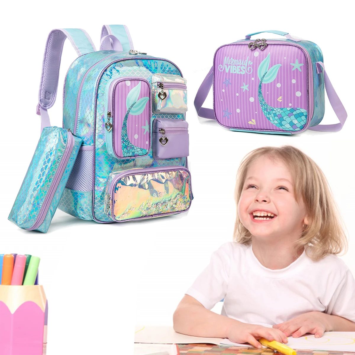 Meetbelify Mermaid Backpack for Girls Bookbag for Girls with Lunchbag and Penbag for Elementary Students