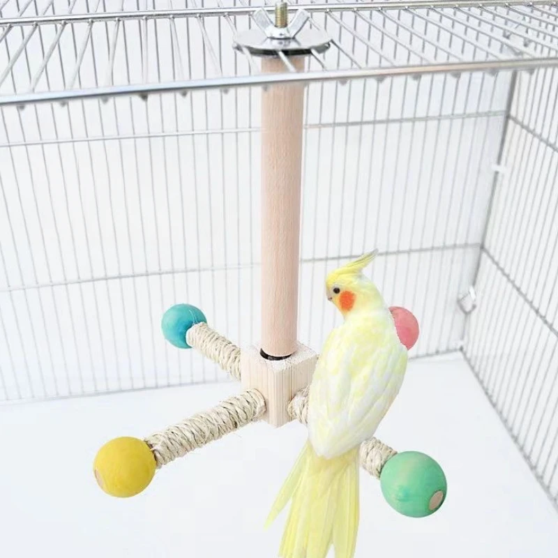 Parrot Interactive Playtime Stand Wooden Swing & Chew Toy Rotating Windmill Design Platform For Birds Play Exercise Bird Toys