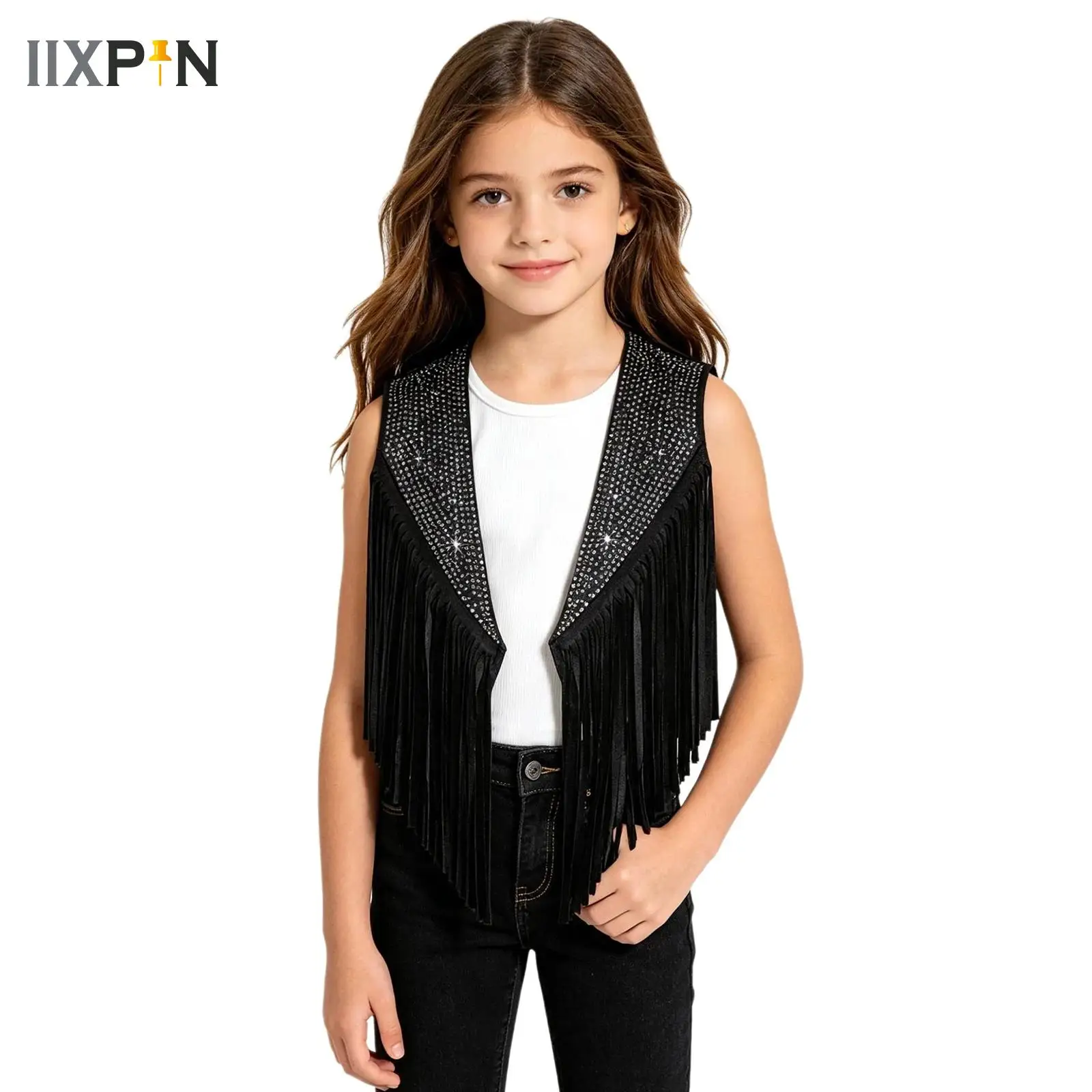 

Girls Ethnic Cowboy Fringe Vest Sleeveless Jacket Rivet Tassels Hippie Open Front Cardigan Vintage Western Cowgirl Waistcoat