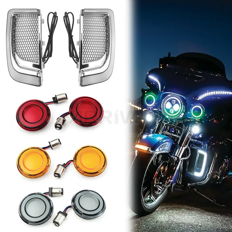 

Motorcycle Turn Signal Lower Grills Light Conversions Bullet For Harley Touring Street Electra Glide Tri Glide CVO Limited 14-21