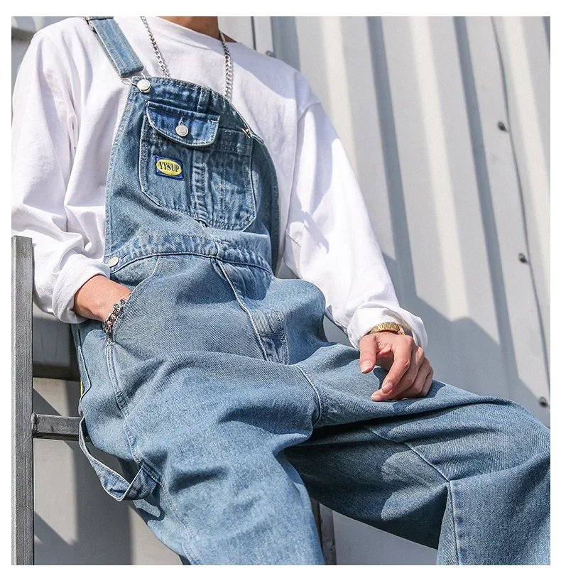 Overalls Men Denim Jumpsuit Straight Jeans Hip Hop Big Pocket Wide Leg Cargo Pants Fashion Casual Loose Male's Rompers Trousers