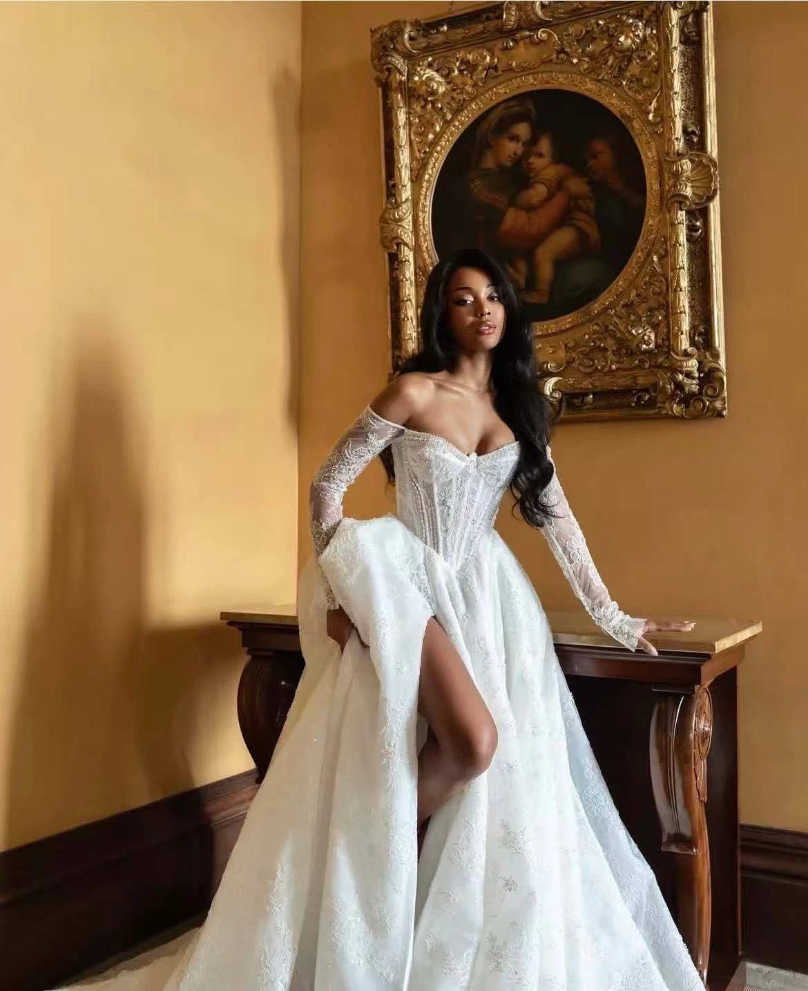 Customized Sweet collar long-sleeved A-LINE beaded luxury wedding dress vestidos de novia robe de mariee