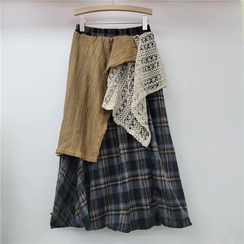 [zoci] Irregular A-line Heavy Duty Grid Lace Splicing Half High Waist Long Skirt