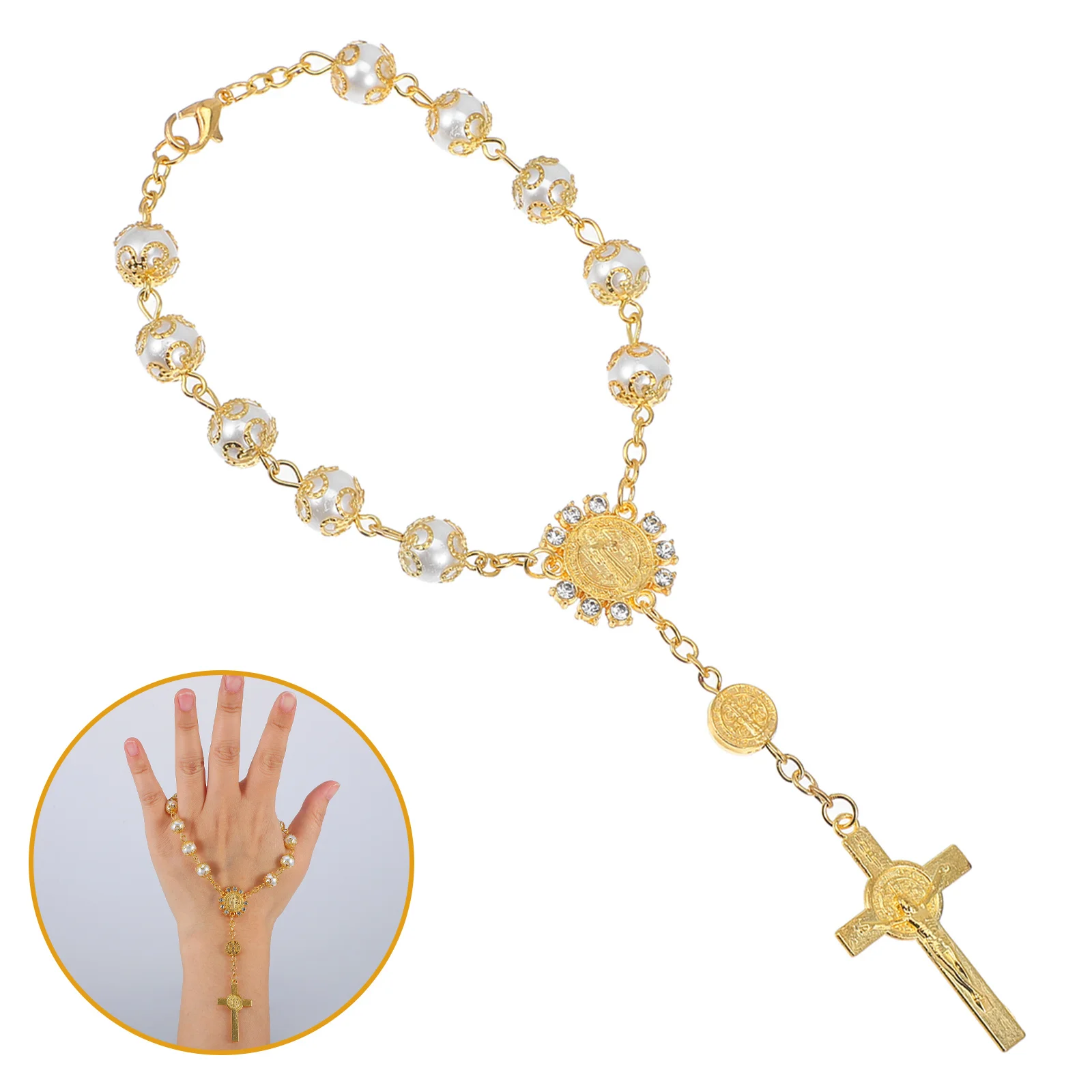 Pearl-Like Car Hanging Ornament Aluminum Alloy Rosary Pendant For Rearview Mirror Cross Chain Vehicle Interior Styling Accessory