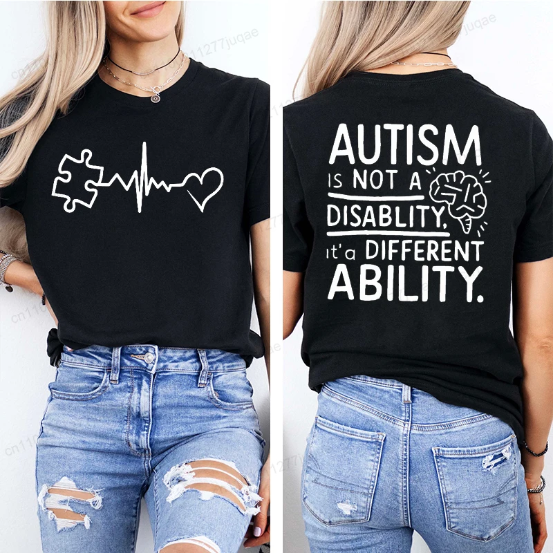 Women Autism It's Not A Disability It's A Different Ability Fashion Casual Short Sleeve T-shirt Graphic Tshirts Women T Shirts