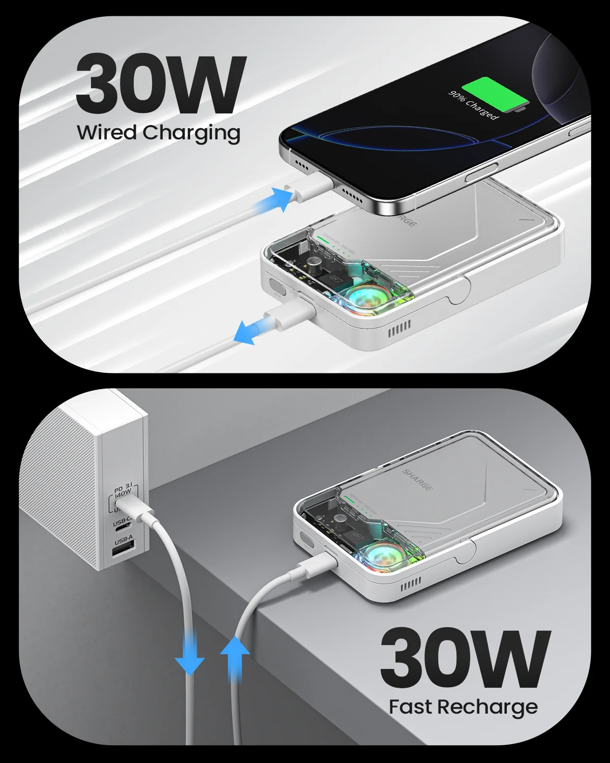 SHARGE ICEMAG 2 Power Bank Aktywne chłodzenie 10000 mAh Magnetyczny akumulator Qi2 Certyfikowany 15 W Przenośna ładowarka MagSafe do iPhone'a16