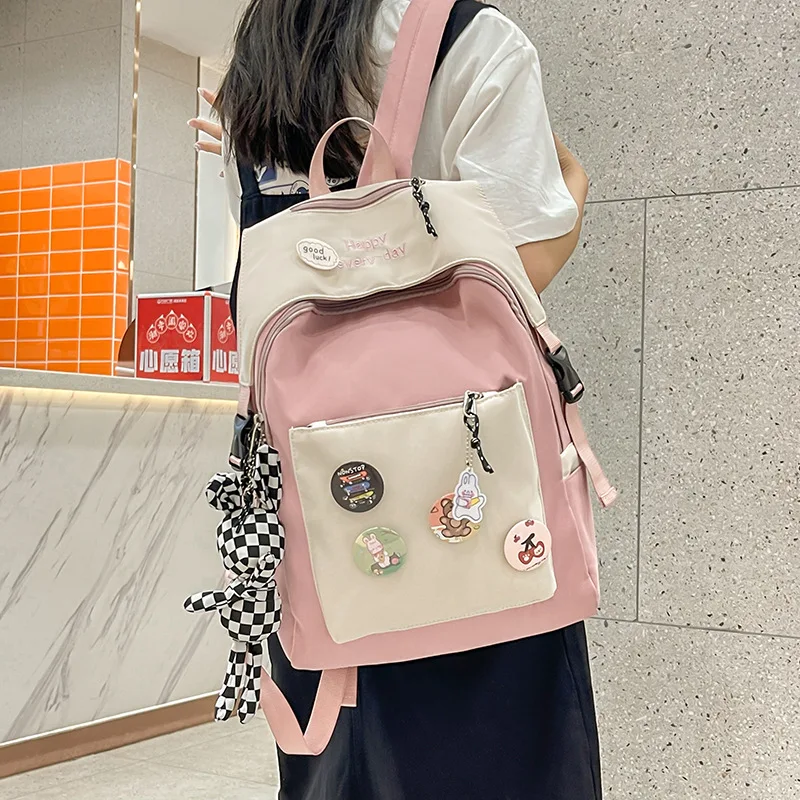 Women Nylon Cute Backpack Female Student College School Bag Badge Girl Doll Backpack Kawaii Book Ladies Fashion Bags Trendy