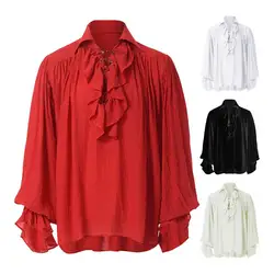 Vintage Style Shirts Men's Renaissance Shirt Costume Ruffled Long Sleeve Lace-Up Medieval Steampunk Pirate Shirt for Cosplay