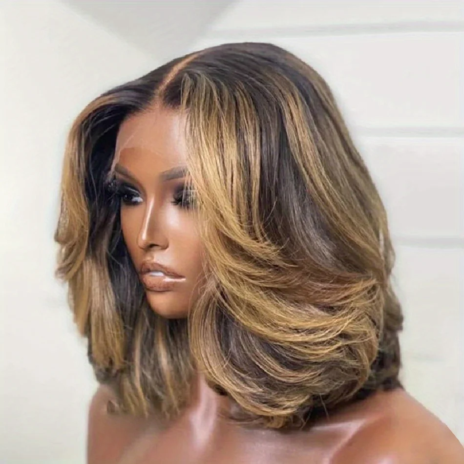 Short Bob Wig with Highlighted Lace Front – Ombré Honey Blonde, 13x4 HD Lace, Brazilian Virgin Human Hair, Pre-Plucked Hairline