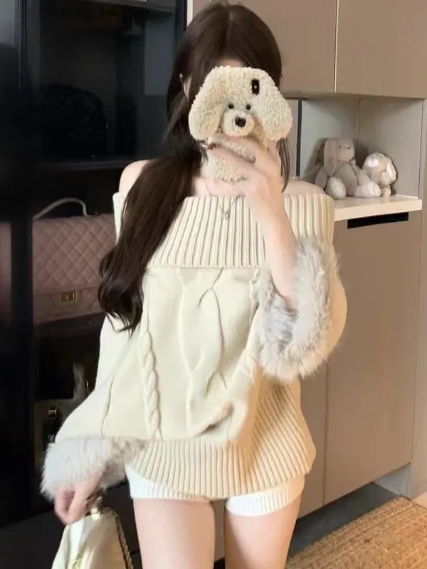 

Loose Knitted One-Shoulder Sweater Women's Fashion Autumn Winter Korean Style Atmosphere Feeling Long Sleeve Breathable Top