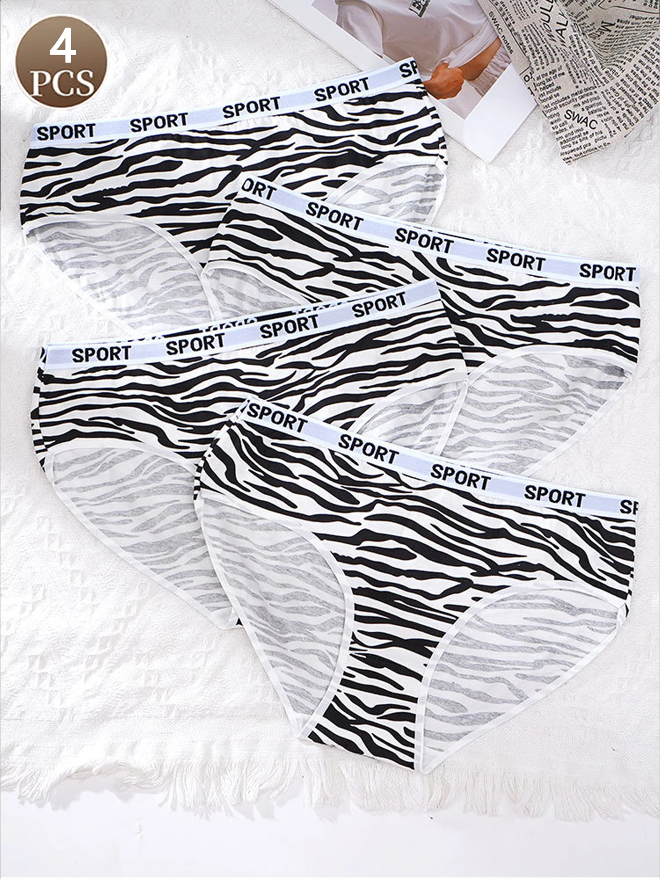 

4-pcs Women's underwear with comfortable and breathable zebra stripes, sporty women's briefs suitable for larger body types