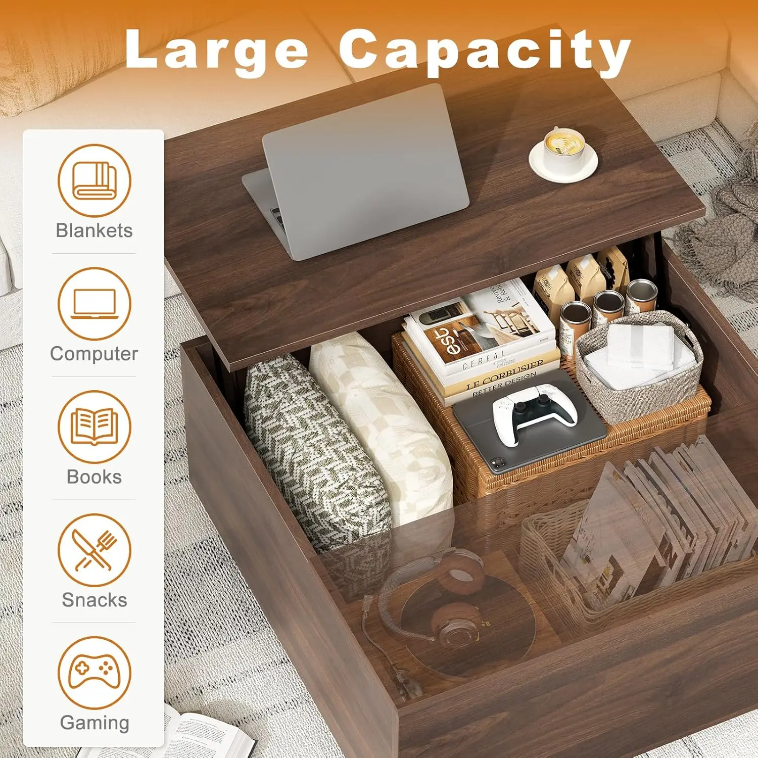 طاولة قهوة قابلة للرفع، طاولة قهوة مربعة خشبية مع مساحة تخزين، طاولات قهوة للمزرعة مع حجرة تخزين مخفية، مركز Ta