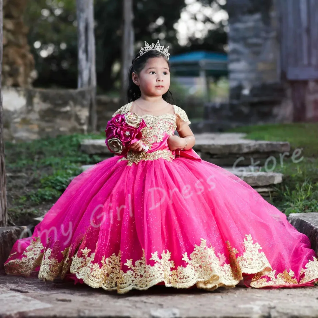

Customized Hot Pink Flower Girl Dresses For Wedding Short Sleeves Gold Appliques Glitter With Bow Little Girl Birthday Ball Gown