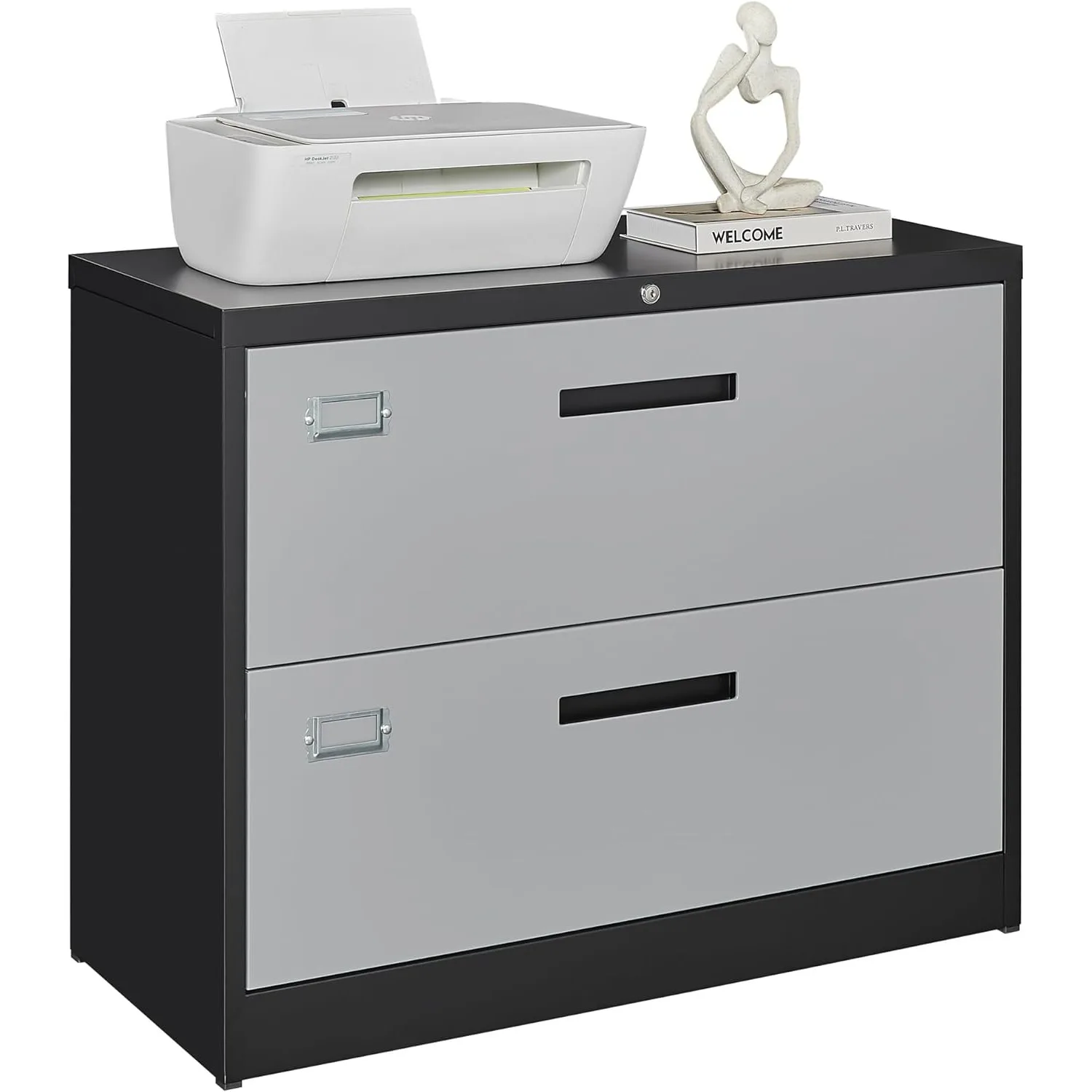 File Cabinet with Lock-Lateral 2 Drawer Metal Filing Cabinets-Organization Storage Cabinets (2 Drawer-Grey Black)