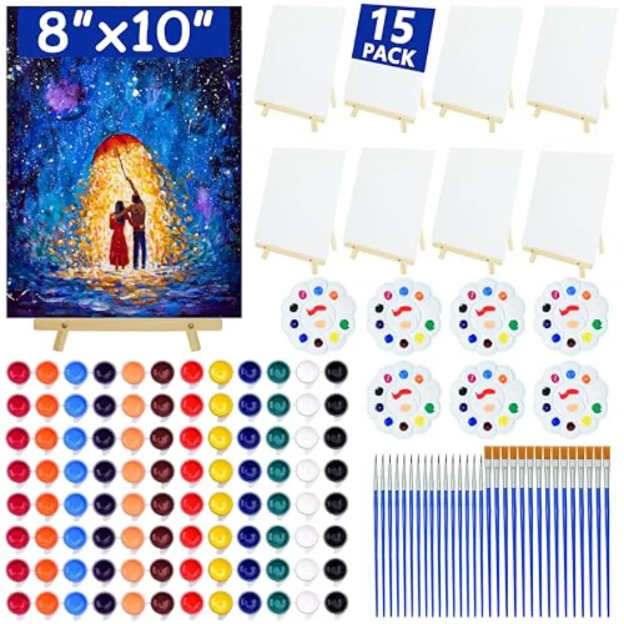 

Pack 8x Inch Canvas and Easel Set, Sip and Paint Kit for Adults, Art Canvas Bulk with Easels Stands, Trays, Small Paint Brushes