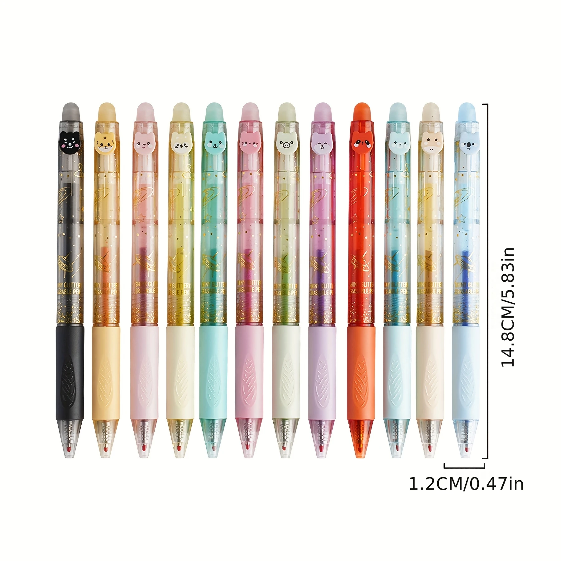 12 Colors Glitter Thermo-Erasable Gel Pens Retractable Push-Type Quick-Dry Smooth Writing 0.5mm Black & Assorted Ink A3242