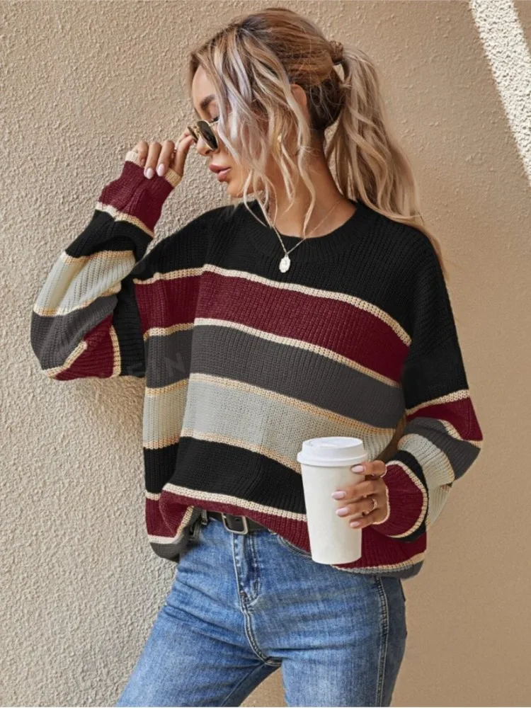 

Women's Clothing Crew Neck Sweater All-match Loose Simple Style Pulls Femmes Classic Striped Long Sleeves Pullover Comfortable