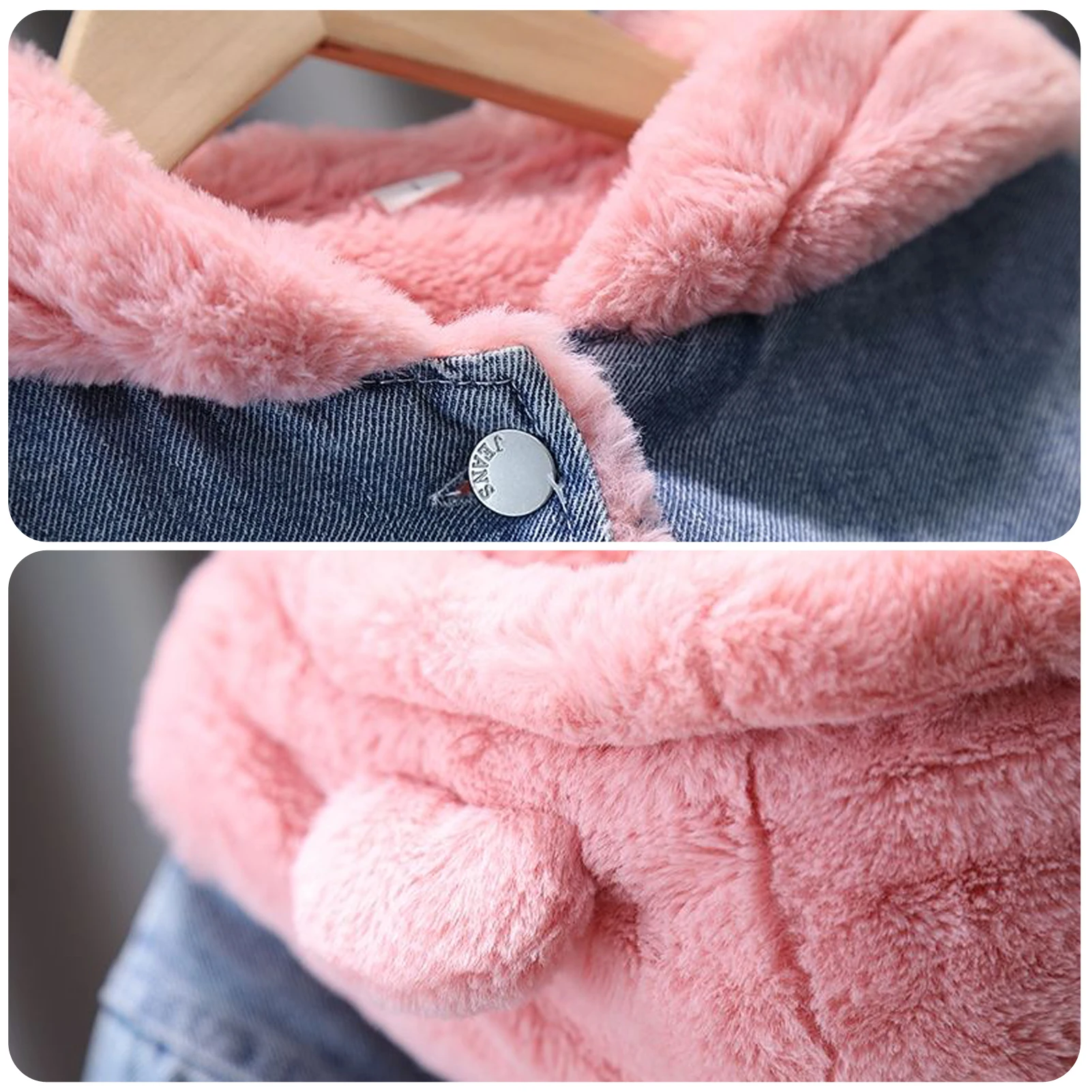 Butterfly Girls Denim Velvet Jacket Ear Hood Thick Children's Winter Warm Coat Faux Fur Girls Parka Bow Puffer Jacket Outerwear