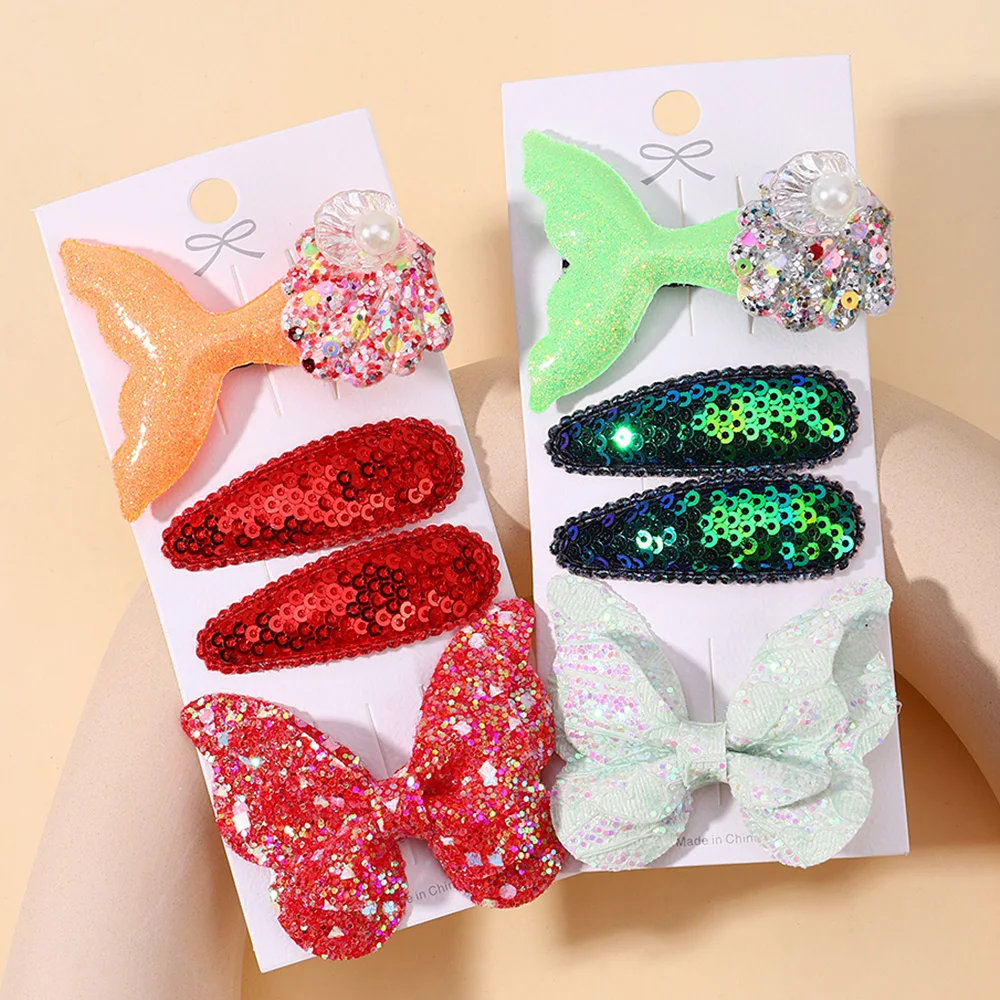 4pcs/set Girls Sequin Fish Tail Butterfly Hairpins Children Kids BB Hair Clips Barrettes Baby Accessories Hairclip Headwear Gift