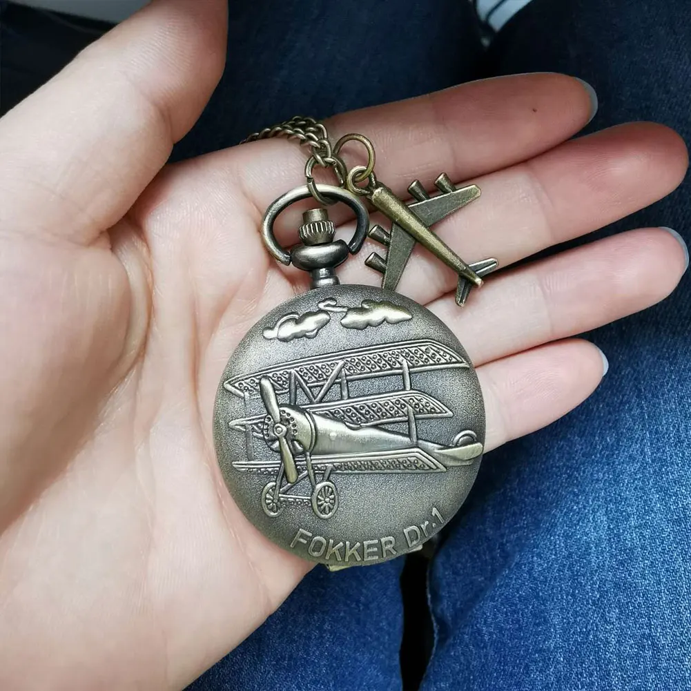 Vintage Fokker DR.1 Jam Tangan Saku Model Pesawat Quartz Kalung Liontin Perunggu Perhiasan 80Cm Rantai Jam dengan Aksesori Pesawat