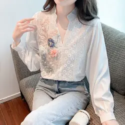 Fashion V-Neck Lace Slit Embroidery Beading Blouses Women's Clothing 2023 Autumn Oversized All-match Tops Office Lady Shirts