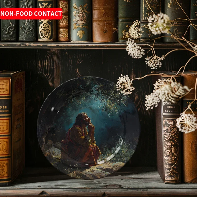 1pc Serene Forest Scene Ceramic Decorative Plate - Hand-Painted Rock & Meditative Figure Art, Non-Food Contact Home Wall Decor