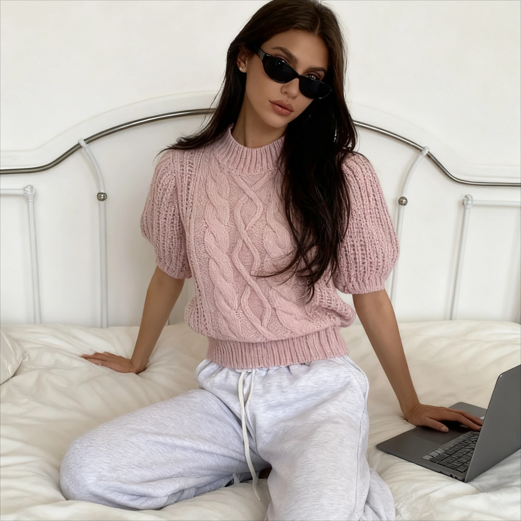 

Women's Cable Knit Short Sleeve Sweater, Round Neck, Puff Sleeves, Chic Cozy, Perfect for Casual Daily Wear Y2K Aesthetic