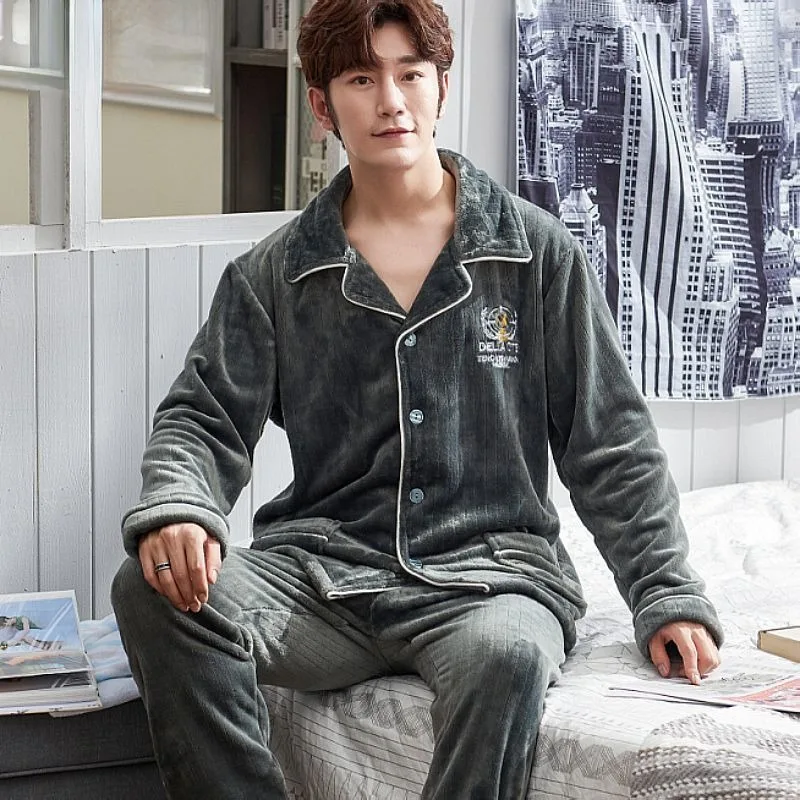 2024 New Autumn Winter Pajamas Men Plus Velvet Padded Coral Velvet Loungewear Flannel Plus Size Homewear V-neck Warm Sleepwear