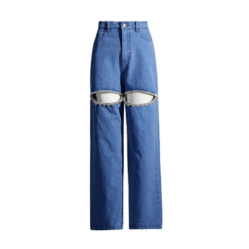 ZAMOR HIGH STREET Women European American Niche Jeans 2026 Spring New High Waist Long Rhinestone Hollow Out Design Solid Wide Le