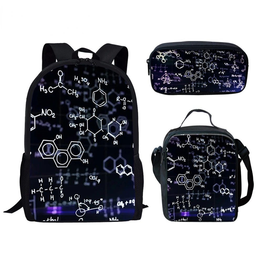 Cartoon Youthful Chemistry chemical formula 3D Print 3pcs/Set Student Travel bags Laptop Daypack Backpack Lunch Bag Pencil Case