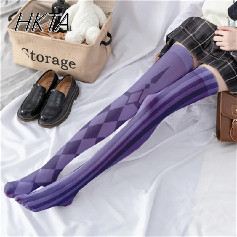 

Summer Thin Two Dimensions Printed Purple Over Knee Stockings Female Cosplay Personality Striped Velvet Knee High Socks Women