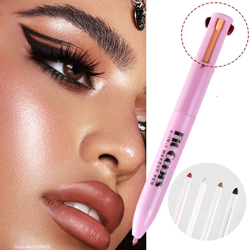 4 in 1 Multi-function Makeup Pen Gel Eyeliner Matte Lip Liner Lipstick Eyebrow Pencil Highlighter Portable Eyeshadow Press Pen