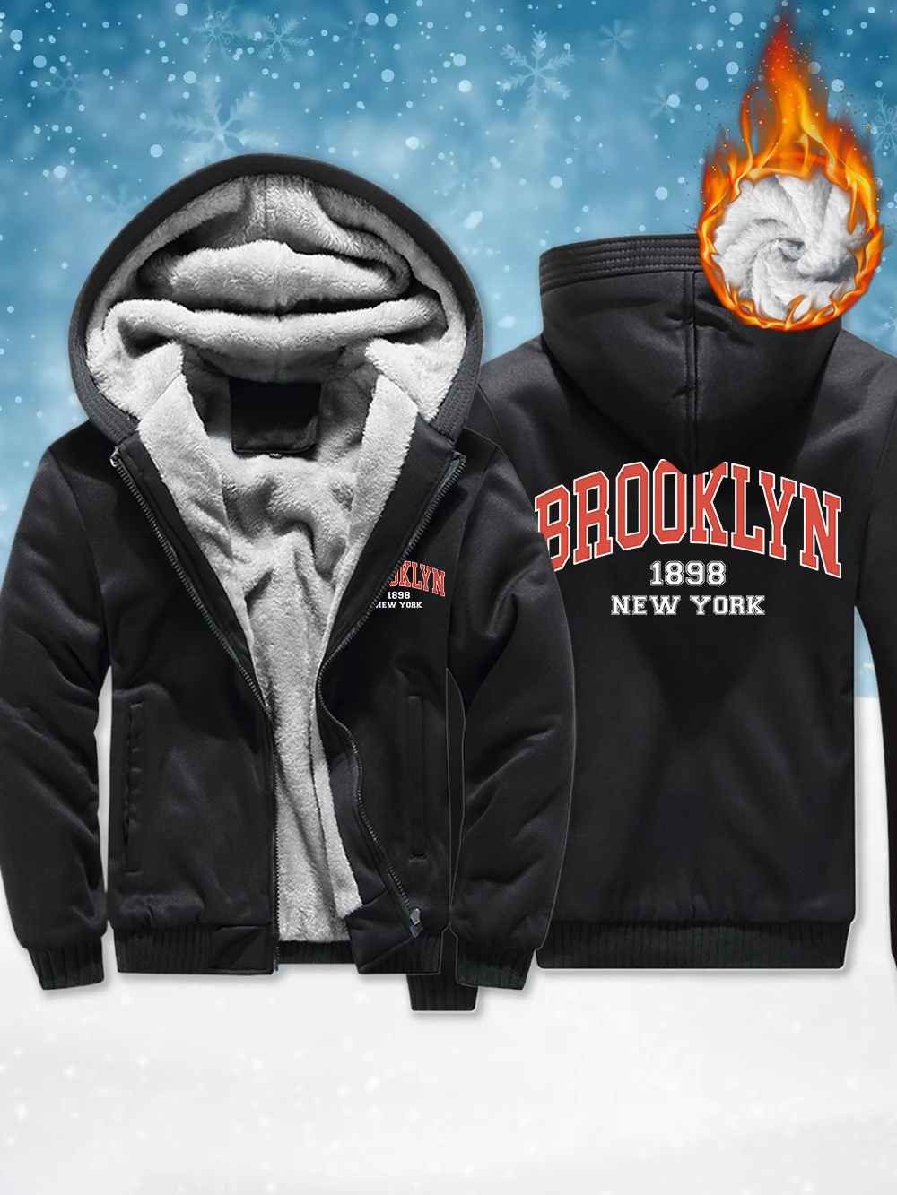 

Brooklyn New York 1898 Words Prints Men'S Zipper Outerwear Winter Thermal Thicken Coats Fleece Warm Windproof Jackets Men Tops