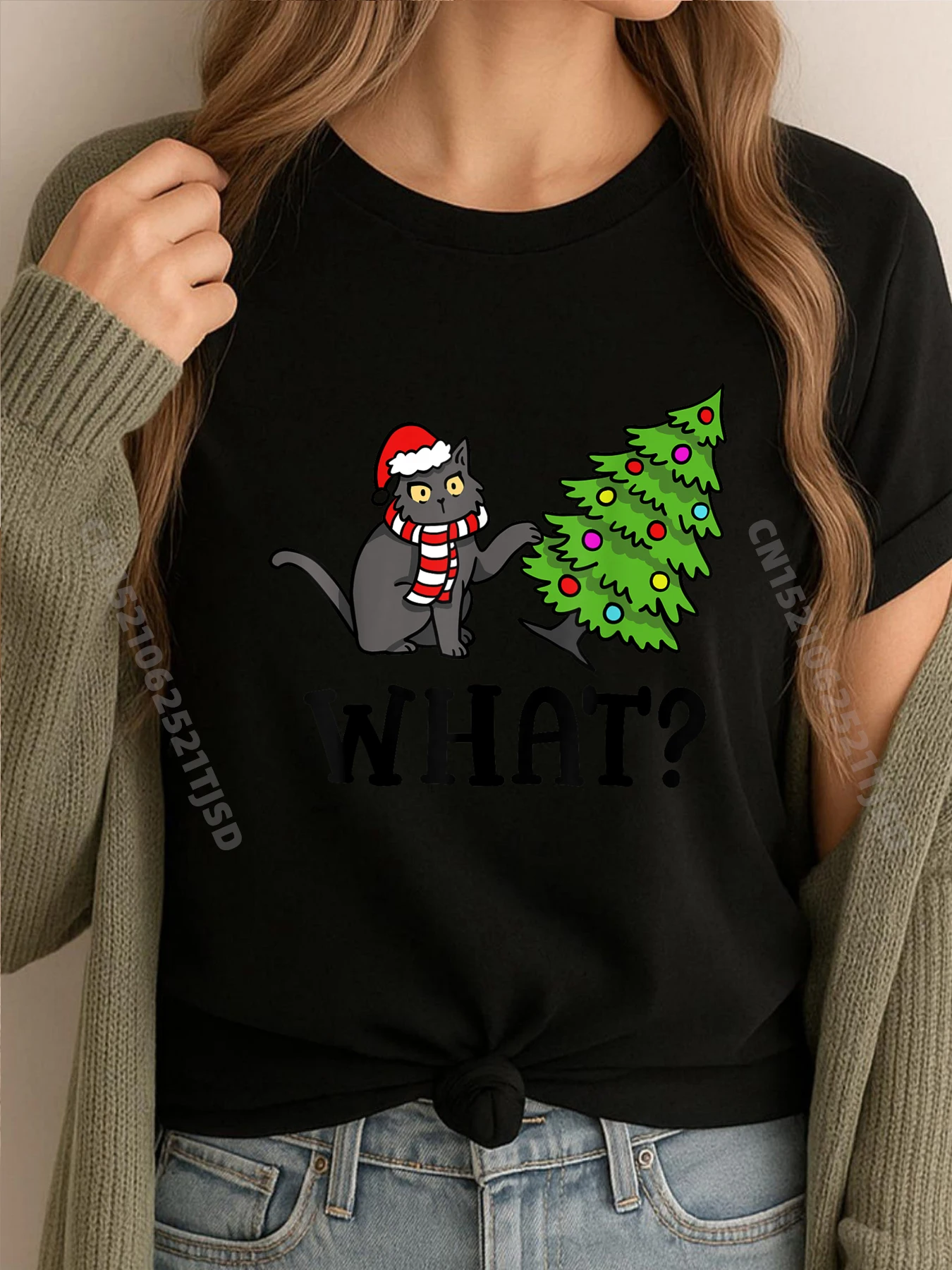 

Что черный кот Санта, толкающая рождественскую елку, осенняя одежда для любителей кошек, эстетичная одежда Camiseta Masculina, европейский размер