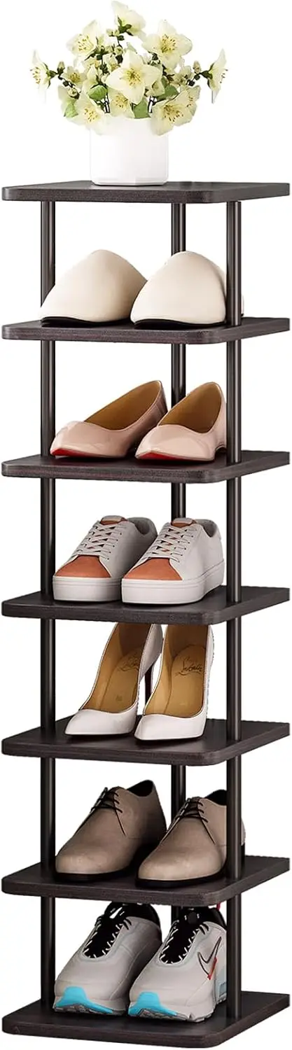 

7 Tiers Vertical Shoe Rack Wooden Shoe Storage Organizer for Space Saving Narrow Shoe Shelf Storage 7 Pairs for Entrywa
