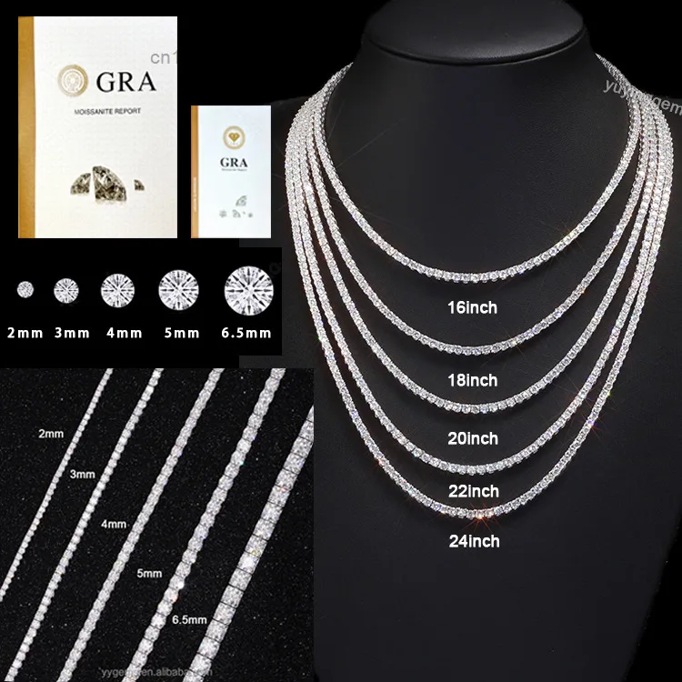 Solid Real 3mm--5mm Wide Pass Diamond Test Moissanite Diamond Tennis Necklace/bracelet Chain for Fine Jewelry.